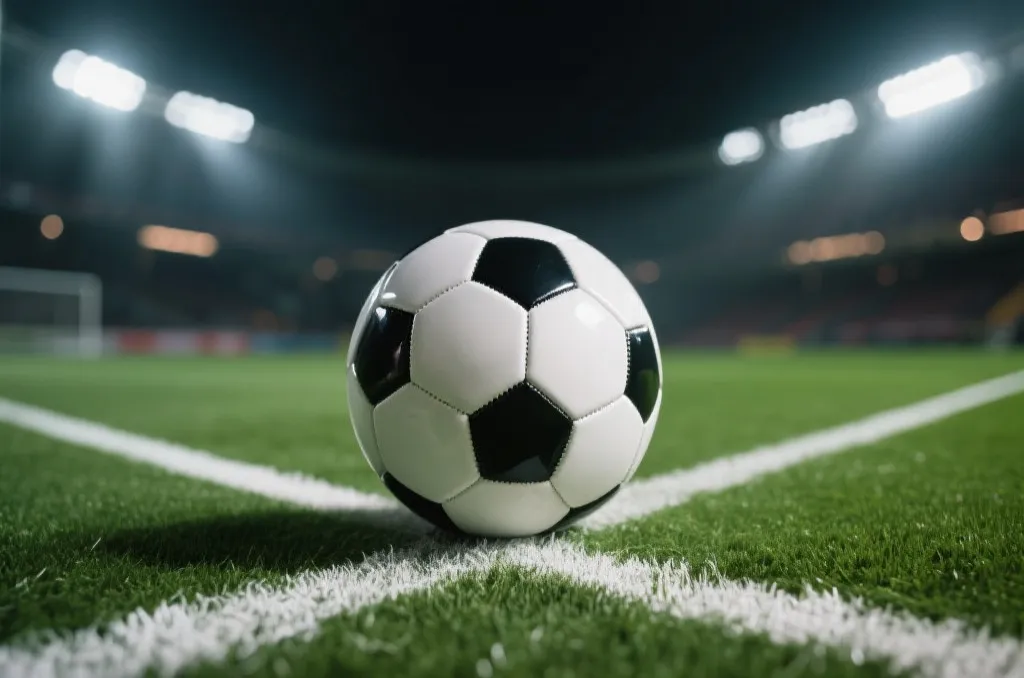An artistic close-up of a soccer ball resting on the white chalk line of a lush green soccer pitch, dramatic stadium lighting