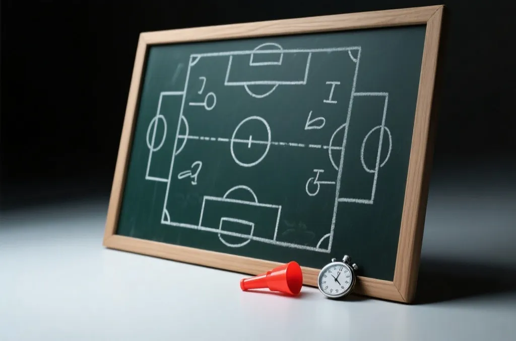 A tactical soccer chalkboard with strategic plays drawn and a stopwatch nearby