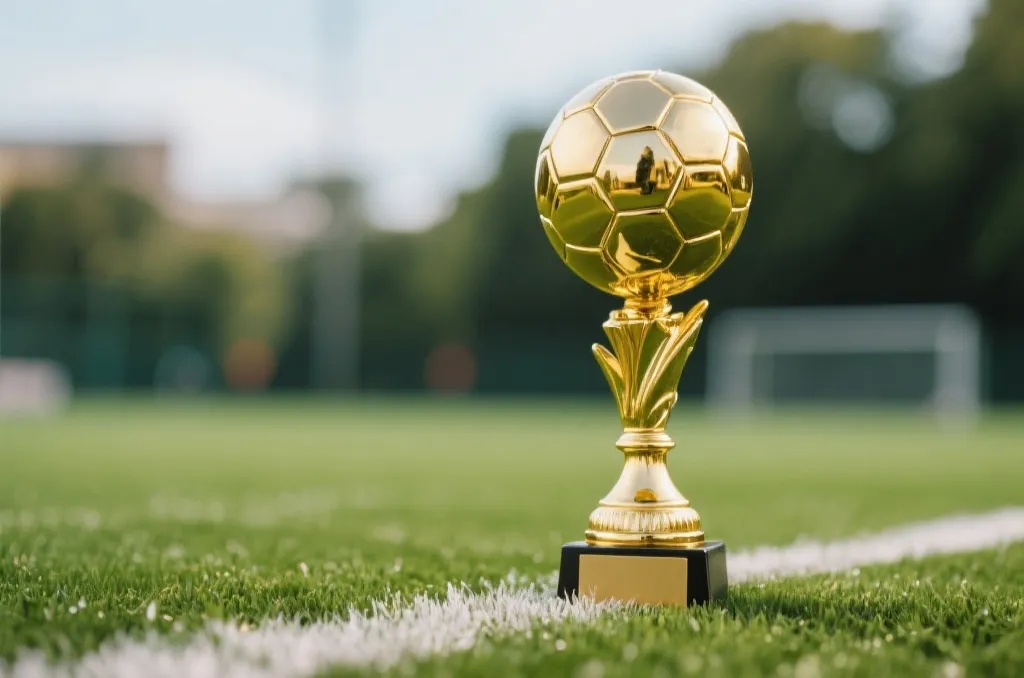 A shiny golden soccer trophy standing on a pristine green grass pitch