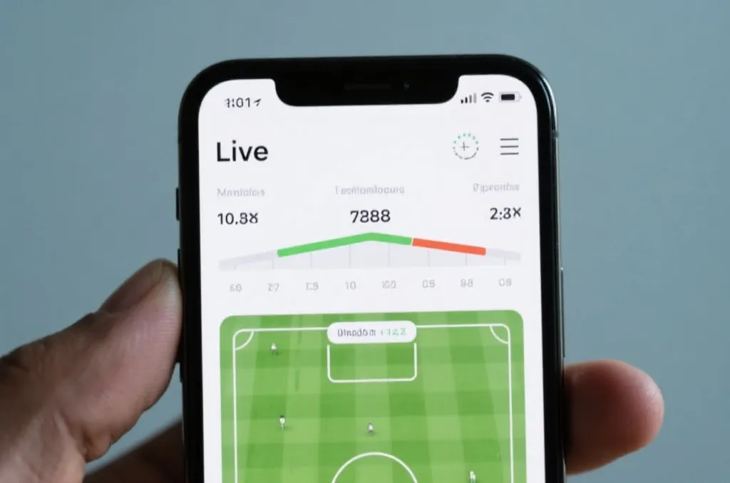 Close up of a smartphone displaying a clean live sports interface with real-time statistics