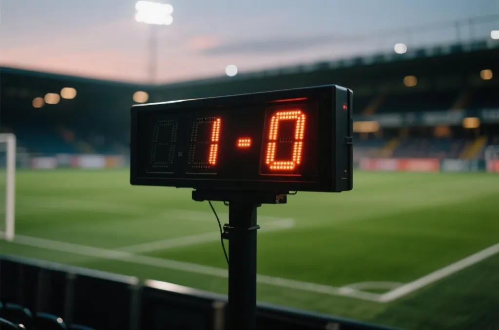 A generic stadium scoreboard displaying 1-0 with glowing LED numbers at dusk